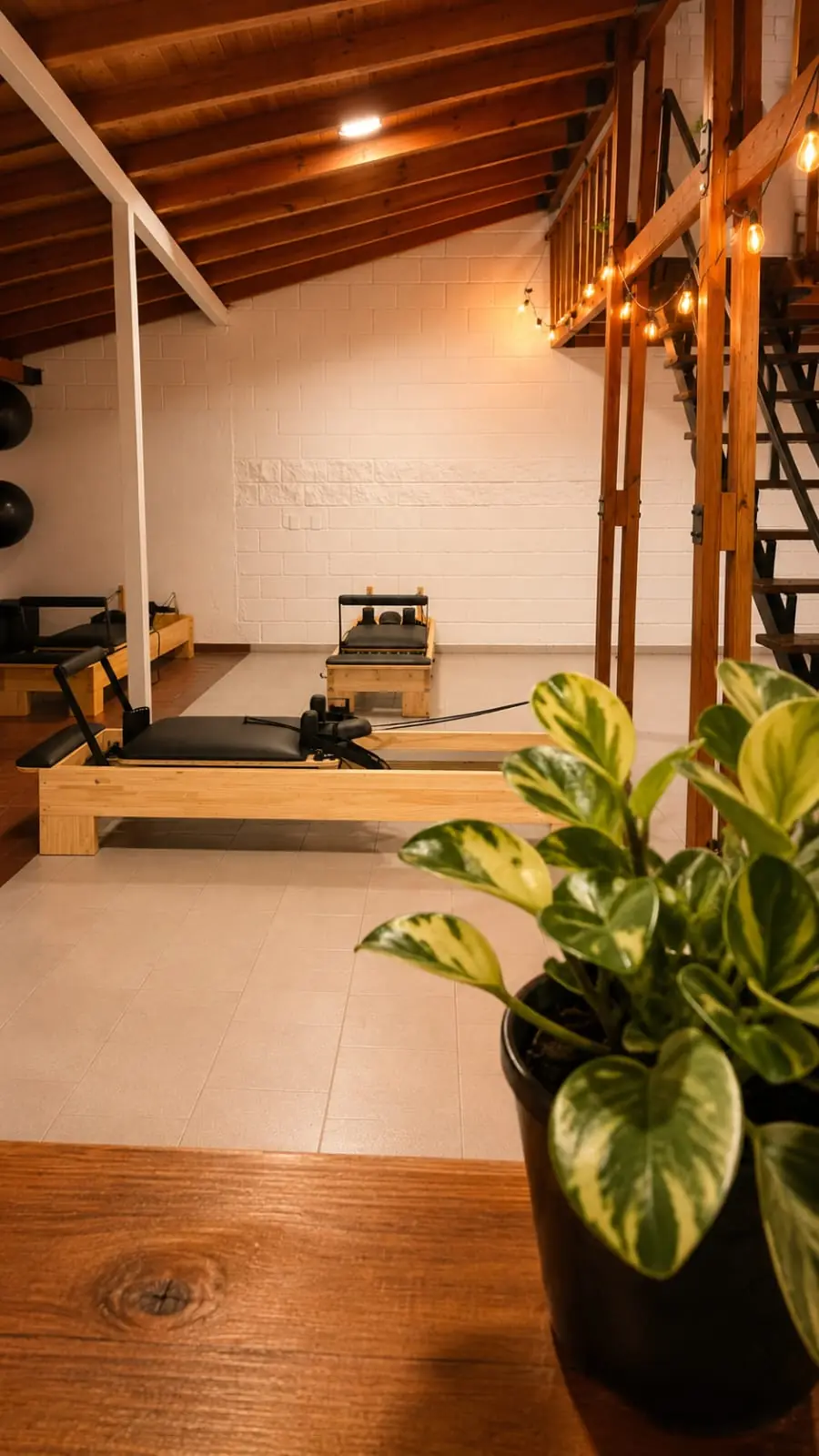 Salón de EOS con vigas de madera, reformers al fondo, luces cálidas y una planta en primer plano